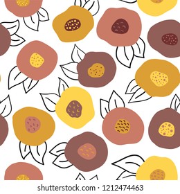 Vector seamless Autumn doodle flowers repeat pattern. Yellow, gold, and pink abstract florals on white background. Scandinavian style. Fall colors. Digital paper, fabric, scrap booking, page fills