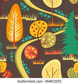 Vector seamless autumn forest landscape pattern with road and trees