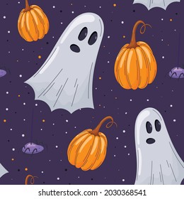 Vector seamless autumn halloween pattern. Cartoon cute ghost, pumpkin and spider on the web.