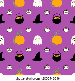 Vector seamless autumn halloween pattern with ghost, candle, witch chan and pumpkin on a dark purple background.