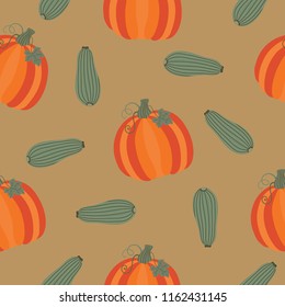 Vector seamless autumn harvest pattern with vegetables: pumpkin and eggplant. The pattern is perfect for wrapping paper and fabric