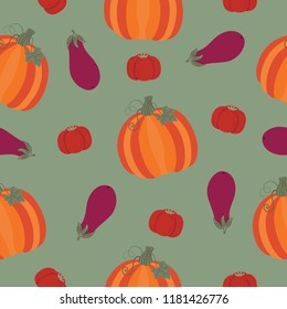 Vector seamless autumn harvest pattern with vegetables: pumpkin and eggplant. The pattern is perfect for wrapping paper and fabric.