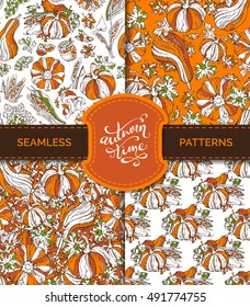 Vector seamless autumn harvest patterns set. Pumpkin, wheat, corn, grape, jam and cranberry, autumn leaf, nut, mushroom, apple, pear. Boundless bright background. Autumn time.