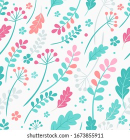 Vector seamless autumn leaves pattern in pastel colors. Rowan and viburnum berries, the oak leaves, shepherd 's purse leaf fall color pattern. Grey, turquoise, pink, coral colors for textiles, fabric