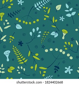 Vector seamless autumn leaves pattern in rich colors. Berries, mushrooms and leaves. turquoise, green, blue for textiles