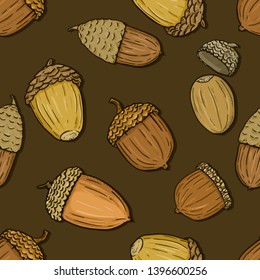Vector Seamless Autumn Pattern with Acorns on Brown Background