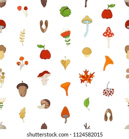 Vector seamless autumn pattern. Cartoon maple seed, apple, tree branch, autumn leaf, mushroom, fir-cone, flower, acorn and chestnut on white background. Bright boundless background for your design.