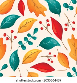 Vector seamless autumn pattern. Cartoon dry fallen oak leaves, twigs and berries.