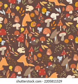 Vector Seamless Autumn Pattern with Cartoon Animals, Leaves and Mushrooms