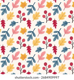 Patrón de otoño sin fisuras de Vector con hojas y bayas de colores en tonos rosa, amarillo, azul y rojo. Diseño moderno plano para fondos de temporada, tela, papel de embalaje, scrapbooking, 