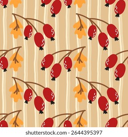 Image vectorielle Motif harmonieux d'automne avec des canneberges, des feuilles et du feuillage forestier. Conception Image vectorielle chaude idéale pour le tissu, le papier d'emballage et la décoration saisonnière.