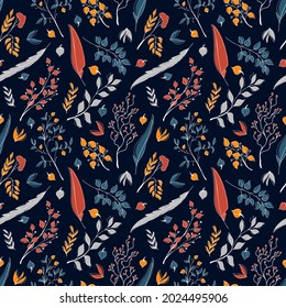 Vector seamless autumn pattern of cute tiny orange, red, blue, and grey leaves and feathers stylized in a flat and doodle style in the dark background. Hand-drawn leaf texture.Background for textile