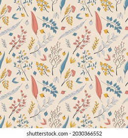 Vector seamless autumn pattern of cute tiny orange, red, blue, and grey leaves and feathers stylized in a flat and doodle style in the light background. Hand-drawn leaf texture.Background for textile 