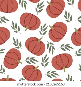 Vector seamless autumn pattern with cute pumpkins and plants for Halloween. Thematic print for printing on T-shirts, scrapbooking paper, packaging, stationery, clothing, tape, textiles