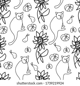 A vector seamless autumn pattern in doodle style. Home print with cat,sunflower,pear,apple,mushroom on white background. Design for textiles,coloring,web,social networks,packaging,card.