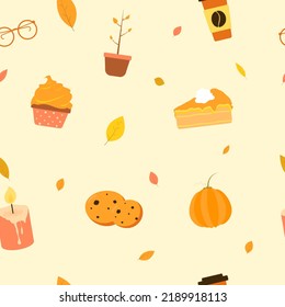 Vector seamless autumn pattern with autumn elements: foliage, pimpkin cupcake glasses coffee candle plant cookies on light background. Holidays thanksgiving halloween Flat design