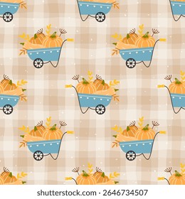 Vector Seamless autumn pattern featuring pumpkins in carts and rustic wheelbarrows. Hand-drawn design perfect for seasonal fabric, countryside-themed wrapping paper, and childrens clothing.