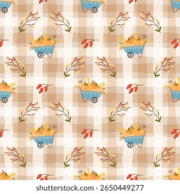Vector Seamless autumn pattern featuring pumpkins in carts and rustic wheelbarrows. Hand-drawn design perfect for seasonal fabric, countryside-themed wrapping paper, and childrens clothing.