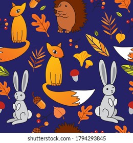 vector seamless autumn pattern, forest animals, fox, bunny, hedgehog, leaves, berries on blue background
