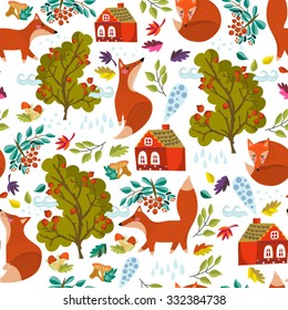 Vector Seamless Autumn pattern of foxes, trees, houses and leaves. Bright vector background.