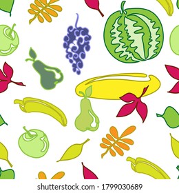 Patrón de frutos del otoño sin fisuras vectorial y hojas coloridas sobre un fondo blanco. Apple, pera, melón, sandía. Montón de uvas.