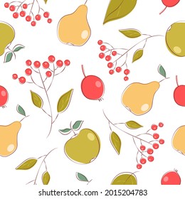 Vector seamless autumn pattern with fruits, berries and leaves. 