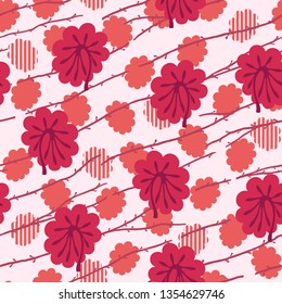 Vector seamless autumn pattern with leaves, trees and branches. In red shades. 