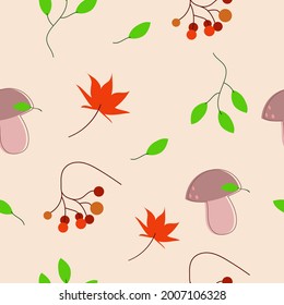 Vector seamless autumn pattern of leaves, mushrooms, viburnum on a light background. Design, wallpaper, textiles