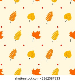 Vector seamless autumn pattern with autumn leaves, cranberries or rowan berries.Colorful autumn background for fabrics, paper, textile, gift wrap, banners or web design.Vector foliage repeating print.