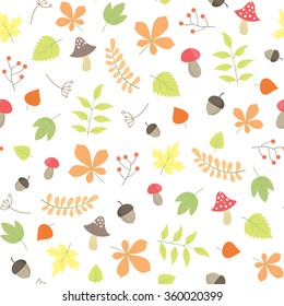 vector seamless autumn pattern with leaves and mushrooms. Nature floral texture