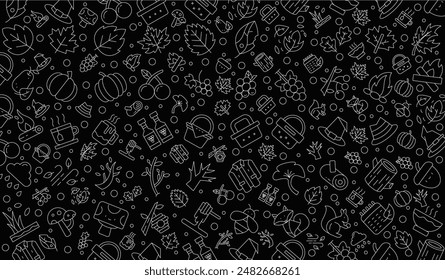 Vector seamless autumn pattern with line icons on background