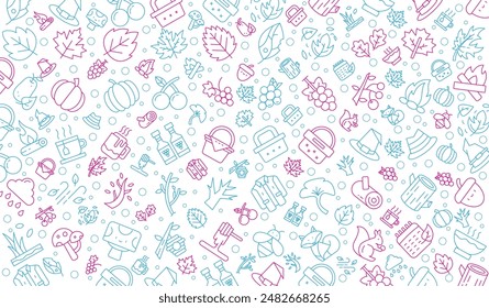 Vector seamless autumn pattern with line icons on background