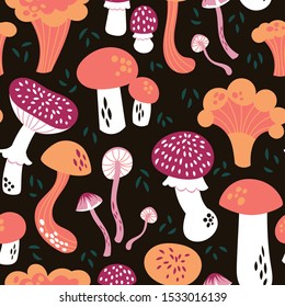 Vector seamless autumn pattern with mushrooms in trendy colors