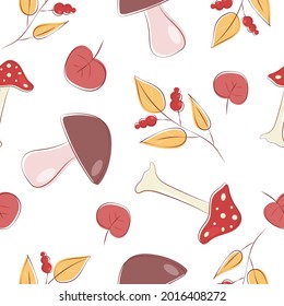  Vector seamless autumn pattern with mushrooms, wild berries and leaves.