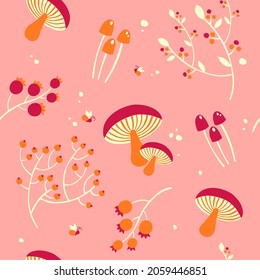Vector seamless autumn pattern with mushrooms, forest plants and berries on pink background in pastel colours