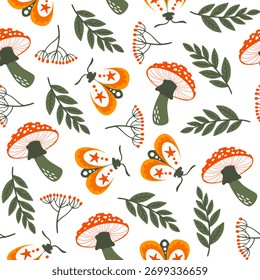 Vector seamless autumn pattern with mushrooms and leaves. Autumn pattern
