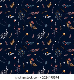 Vector seamless autumn pattern of orange, red, blue, and grey leaves and flowers stylized in a flat and doodle style in the dark background. Hand-drawn leaf texture.Background for textile wallpapers