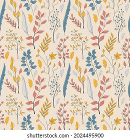 Vector seamless autumn pattern of orange, red, blue, and grey leaves and feathers stylized in a flat and doodle style in the light background. Hand-drawn leaf texture.Background for textile wallpapers