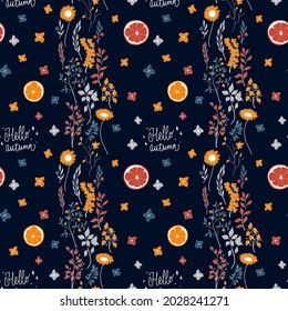 Vector seamless autumn pattern of orange, red, blue, and grey elements stylized in a flat and doodle style in the dark background. Hand-drawn fall texture.Background for textile wallpapers, scrapbooki