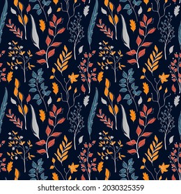 Vector seamless autumn pattern of orange, red, blue, and grey leaves and feathers stylized in a flat and doodle style in the dark background. Hand-drawn leaf texture.Background for textile wallpapers