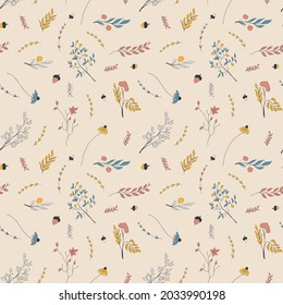 Vector seamless autumn pattern of orange, red, blue, and grey leaves and flowers stylized in a flat and doodle style in the light background. Hand-drawn leaf texture. Background for textile wallpapers