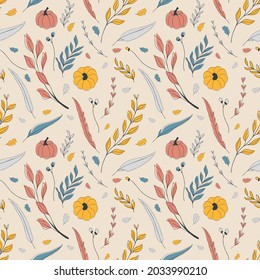 Vector seamless autumn pattern of orange, red, blue, and grey elements stylized in a flat and doodle style in the light background. Hand-drawn fall texture.Background for textile wallpapers, scrapbook