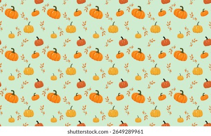 Vector seamless autumn pattern with pumpkins and twigs with leaves on a green background.