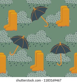 Vector seamless autumn pattern with rubber boots, clouds and umbrella