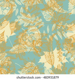 Vector seamless autumn pattern with silhouettes and skeletons of leaves: Oak, rowan, maple, hazelnut and linden. Hand drawn illustration for print, textile, wrapping. 