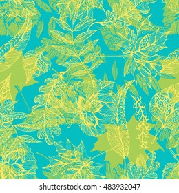 Vector seamless autumn pattern with silhouettes and skeletons of leaves: Oak, rowan, maple, hazelnut, linden. Hand drawn illustration for print, textile, wrapping. On green background. Yellow on blue.