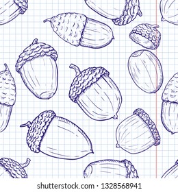 Vector Seamless Autumn Pattern with Sketch Acorns on Squared Background