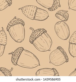 Vector Seamless Autumn Pattern with Sketch Acorns on Brown Background