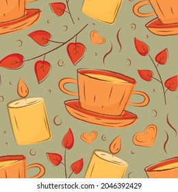 Vector seamless autumn pattern. Warm cup of tea or coffee, candle and twigs with dry orange leaves.