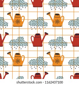 Vector seamless autumn pattern with watering-can and cloud